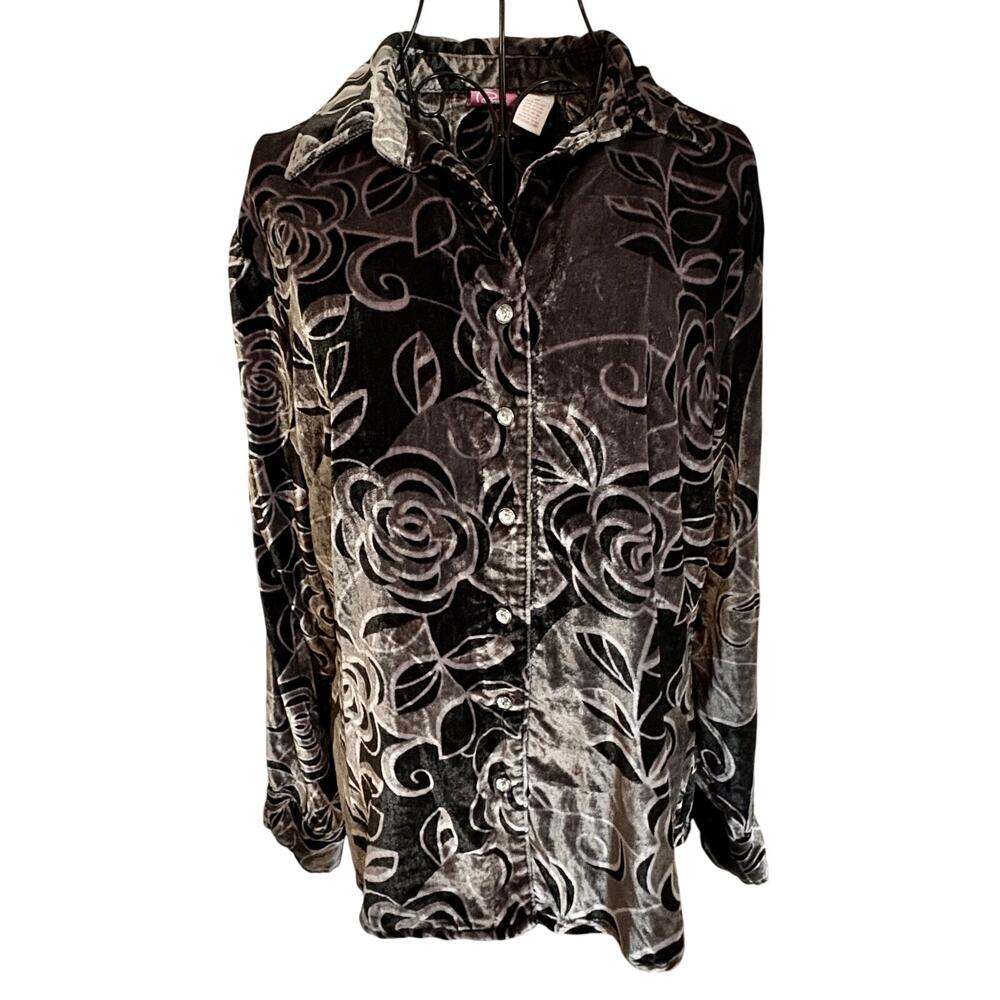 Vintage Y2K Pappagallo Velvet Floral Crystal Button Blouse Taupe Black Shiny